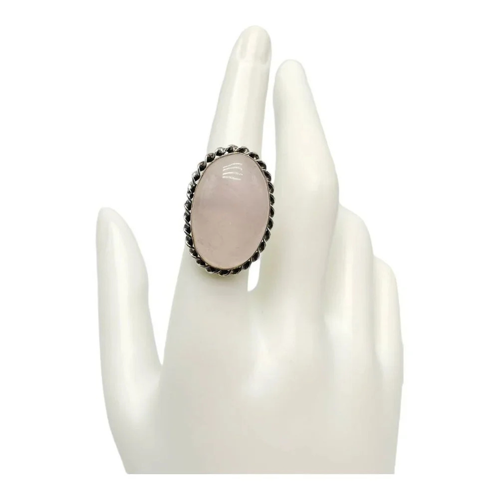 Silver Plated Oval Shape Rose Quartz Gemstone Dome Ring Vintage Size 7